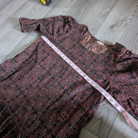 Matta Block Print Ikat Maroon Black Puff Balloon Sleeve Cotton Viole Size Large - Picture 5 of 7